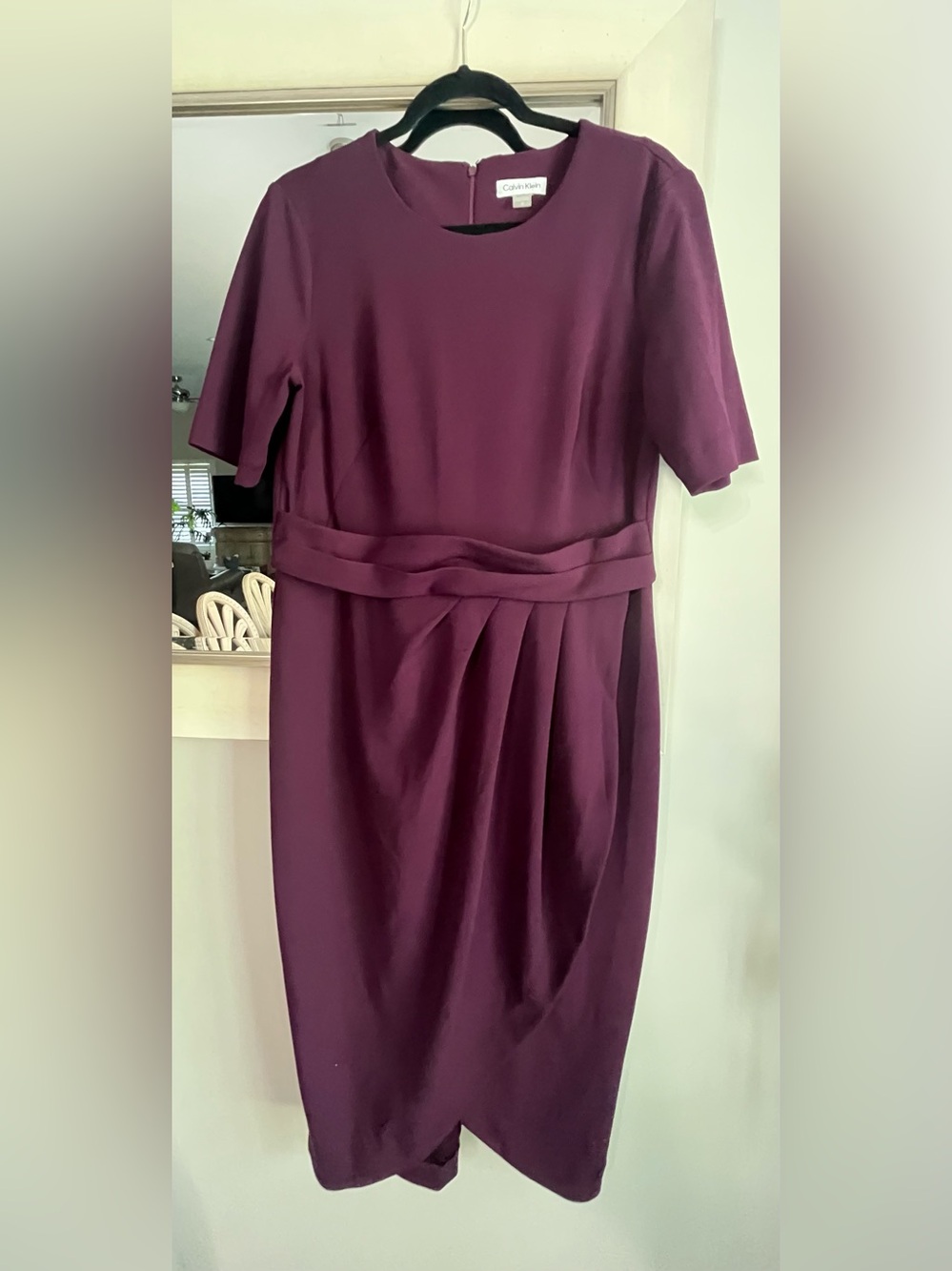 Calvin Klein Plum Short Sleeve Pleated Tulip Midi Sheath Dress Size 12